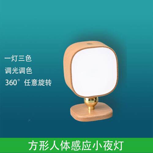 现代简约便捷USB小夜灯桌面卧室床头台灯家用实木智能人体感应灯