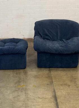 蓝色单人椅布艺客厅大小户型设计师款中古简约风单人沙发脚踏组合