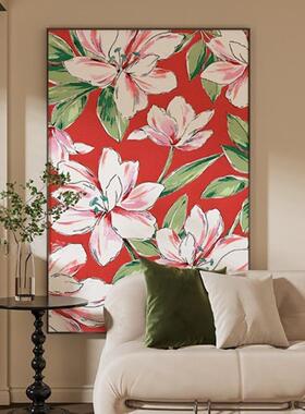 现代简约红色复古花朵小众客厅餐厅玄关装饰画铝合金挂画卧室壁画