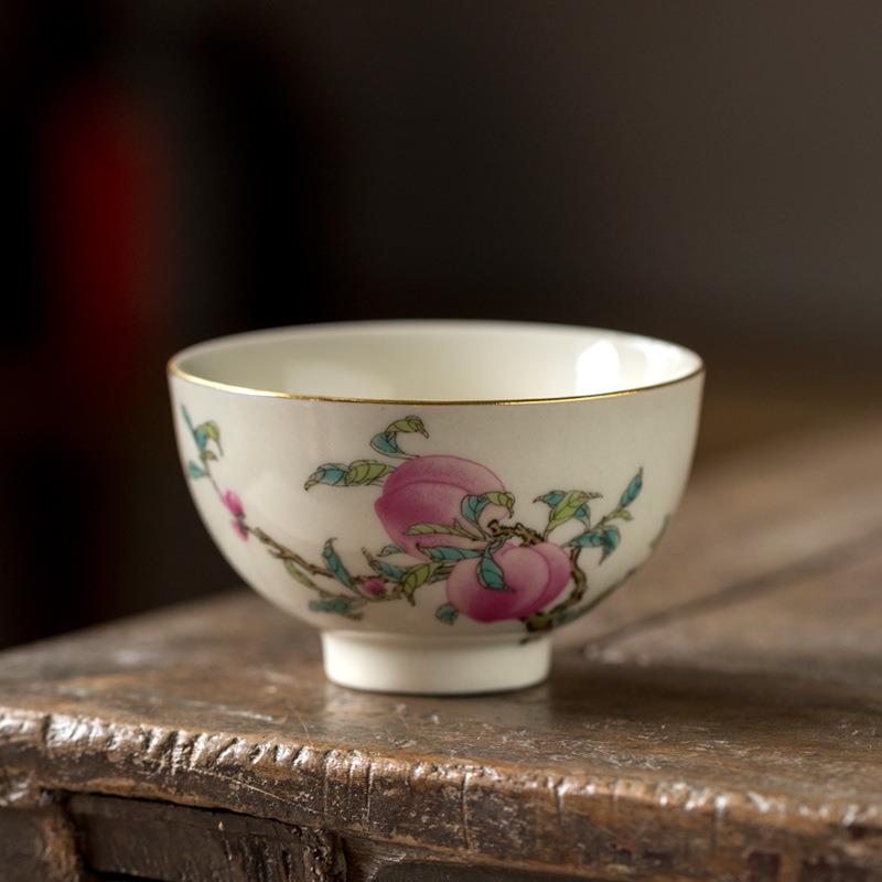 手绘仙桃主人杯茶具手工描金茶盏陶瓷大茶杯单杯草木灰釉茶碗