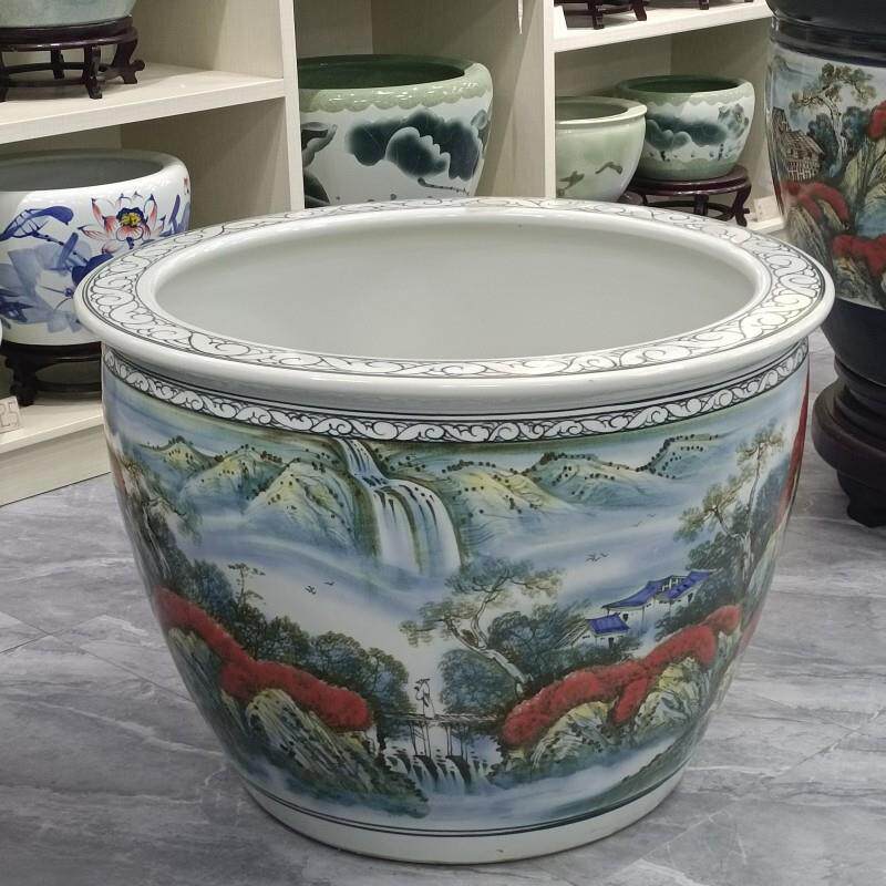 陶瓷装饰品鱼缸摆件 手绘五彩山水源远流长大号园林装饰缸 大花盆