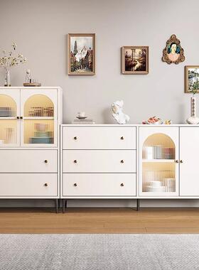 奶油风岩板餐边柜靠墙收纳储物柜客厅茶水置物柜白色酒柜厨房橱柜