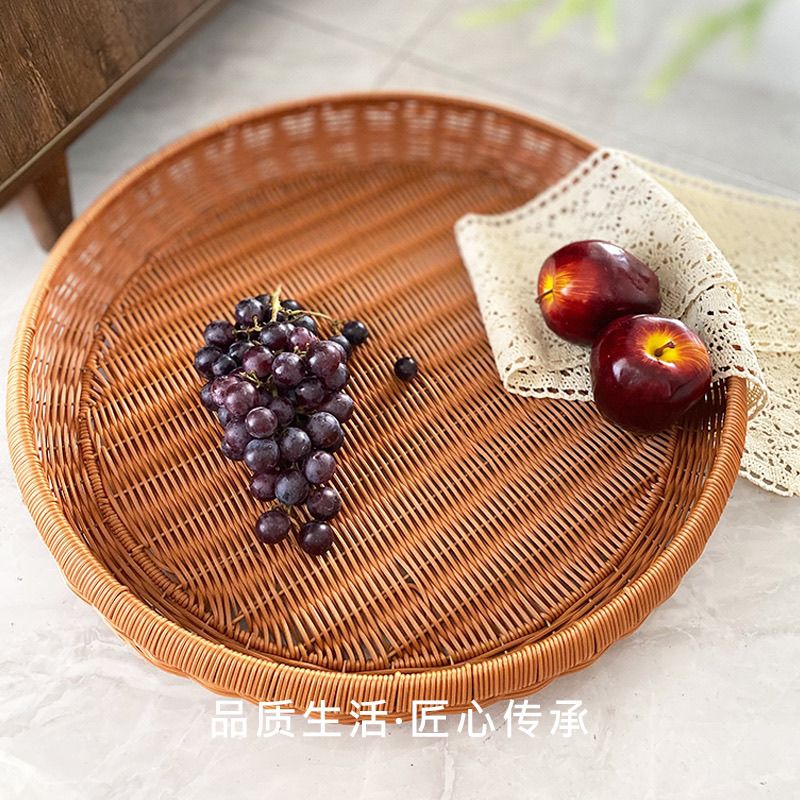 87仿藤特大号圆形编织茶叶手工藤编零食晾晒簸箕干货家用收纳馒头