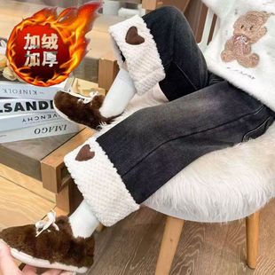 新款加绒加厚女童裤子冬天一体绒女宝牛仔裤直筒保暖圣诞洋气可爱