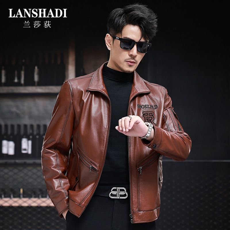 新款海宁短款真皮皮衣男头层牛皮皮夹克机车立翻领红棕色休闲外套