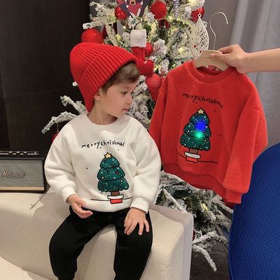 2021男女童装圣诞红色加绒洋气卫衣冬季新款发光圣诞树摇粒绒卫衣