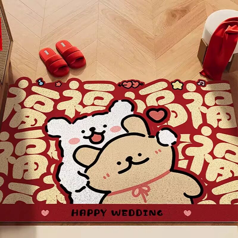 卡通小狗入户地垫红色乔迁喜庆家用门口脚垫新年耐脏丝圈换鞋地毯