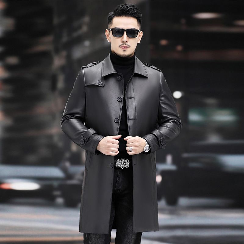 新款真皮皮衣男皮风衣山羊皮翻领海宁中长款休闲皮衣外套秋2025
