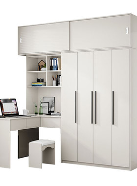 现代简约白色家用卧室Lr型转角电脑桌衣柜小户型连体书桌柜写字台