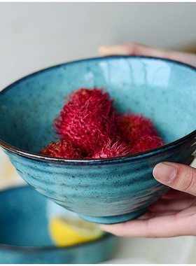 江南生活粗陶蓝绿色做旧喷点复古小号饭碗大号汤碗面碗西餐盘盘子