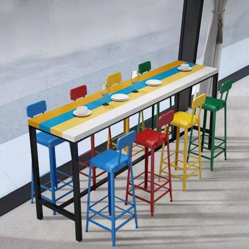 彩色实木吧台桌家用靠墙高脚桌铁艺长条桌酒吧奶茶店桌椅组合T