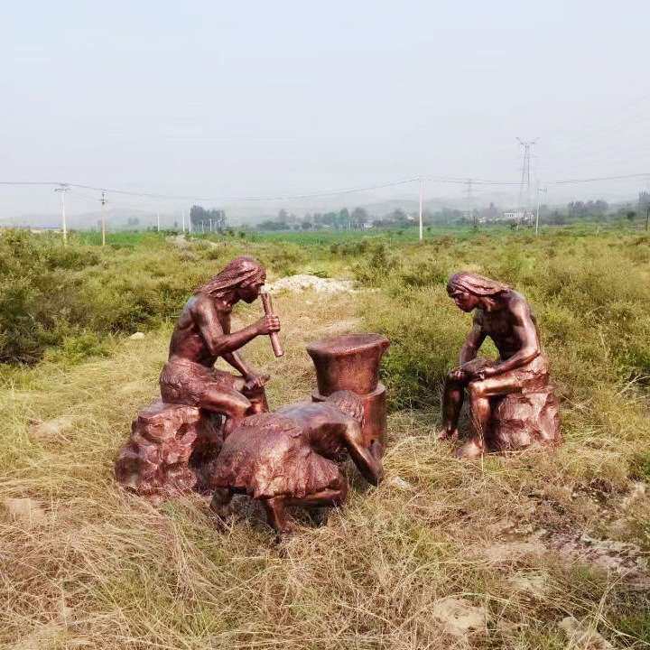 原始部落人物玻璃钢雕塑原始人雕像远古野人生活塑像进化论仿铜像