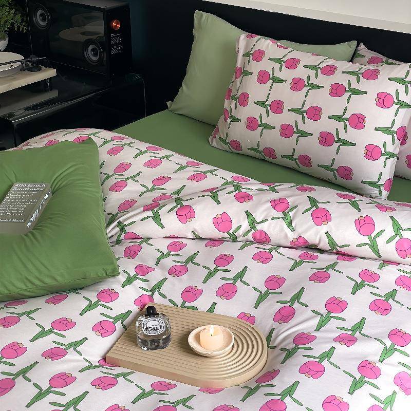复古手绘玫瑰全棉针织棉裸睡四件套天竺棉床单法式纯棉1.8米床笠