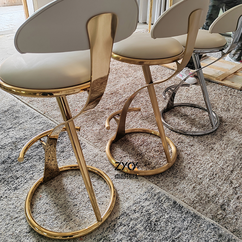 意式轻奢吧台椅不锈钢创意网红前台椅H别墅家用岛台皮艺高脚椅金