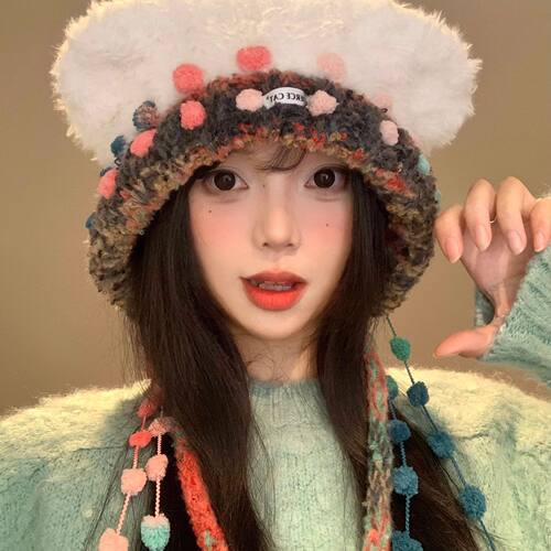 秋冬韩版可爱小熊毛绒针织帽子女彩色绑带护耳帽显脸小雷锋帽