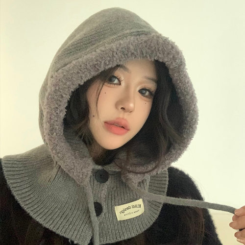 韩国巴拉克拉法帽子女冬季保暖帽子围脖一体情侣款护耳毛线针织帽