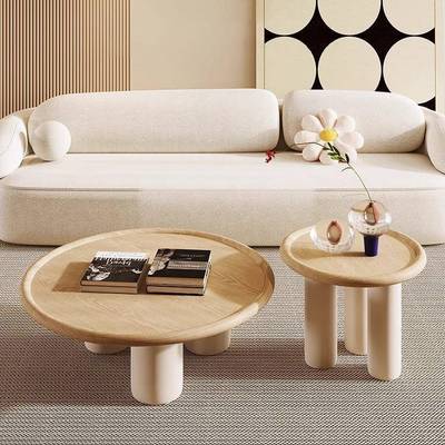 家用客厅茶几极简奶油原木风创意轻奢边几原木风茶桌民宿实木桌子