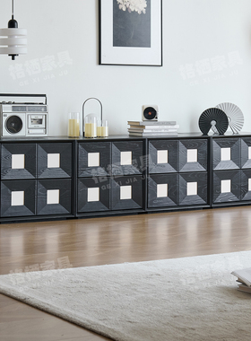 法式复古风黑色实木电视柜客厅自由模块组合斗柜床头柜储物收纳柜