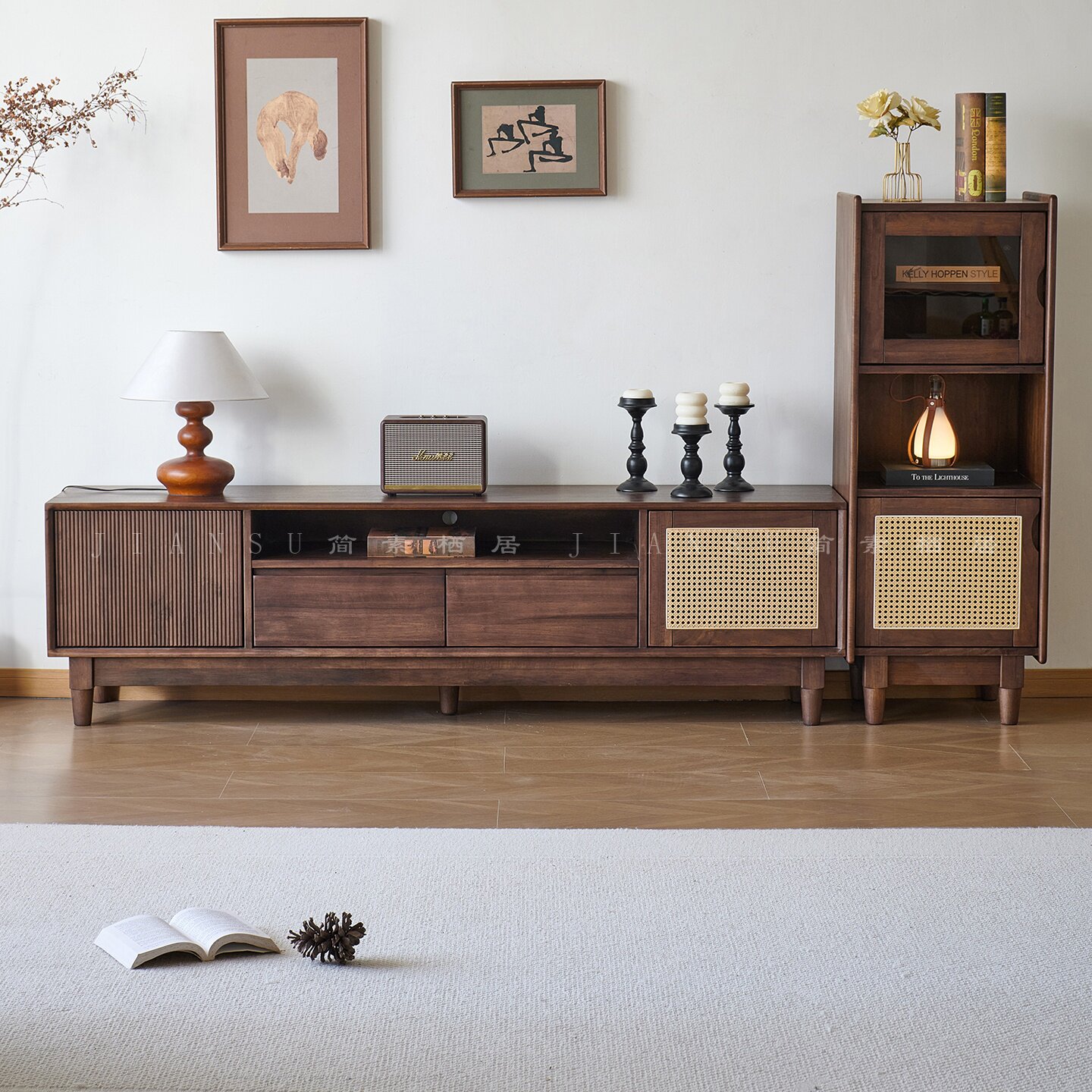 黑胡桃木电视柜茶几组合家用客厅复古实木储物收纳柜边柜展示柜