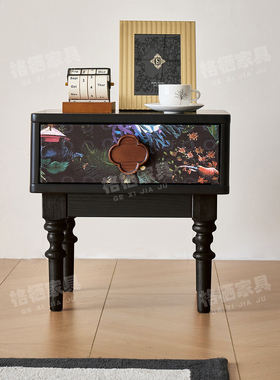 法式复古风实木床头柜卧室小户型家用边几南洋风黑色床边柜收纳柜