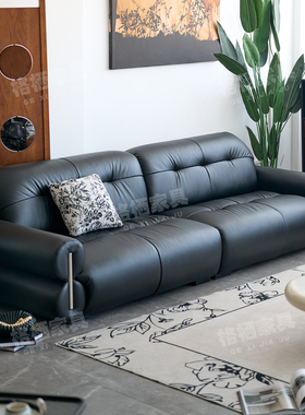 法式复古真皮沙发客厅小户型侘寂风休闲多人沙发黑糖直排皮艺沙发