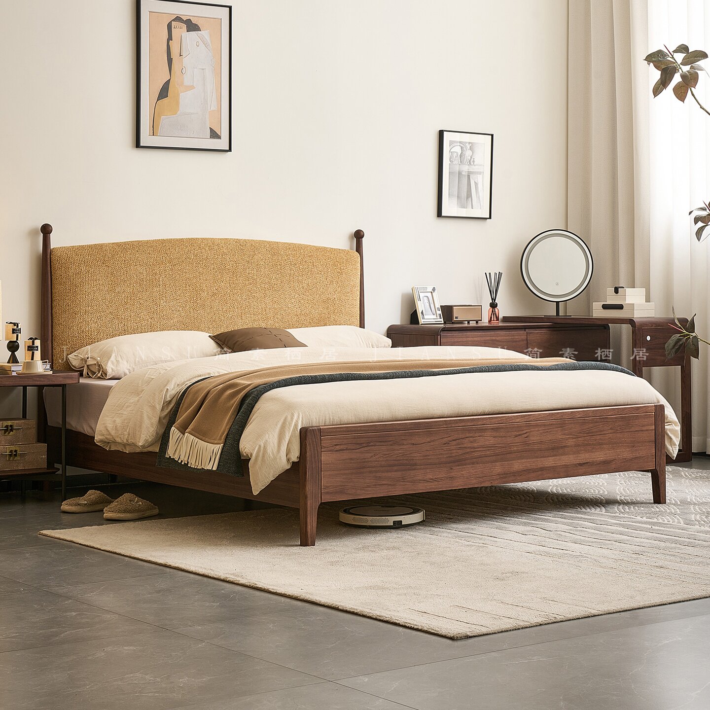 胡桃木软靠棉麻布艺床中古风1米8双人床主卧高端大气复古实木床