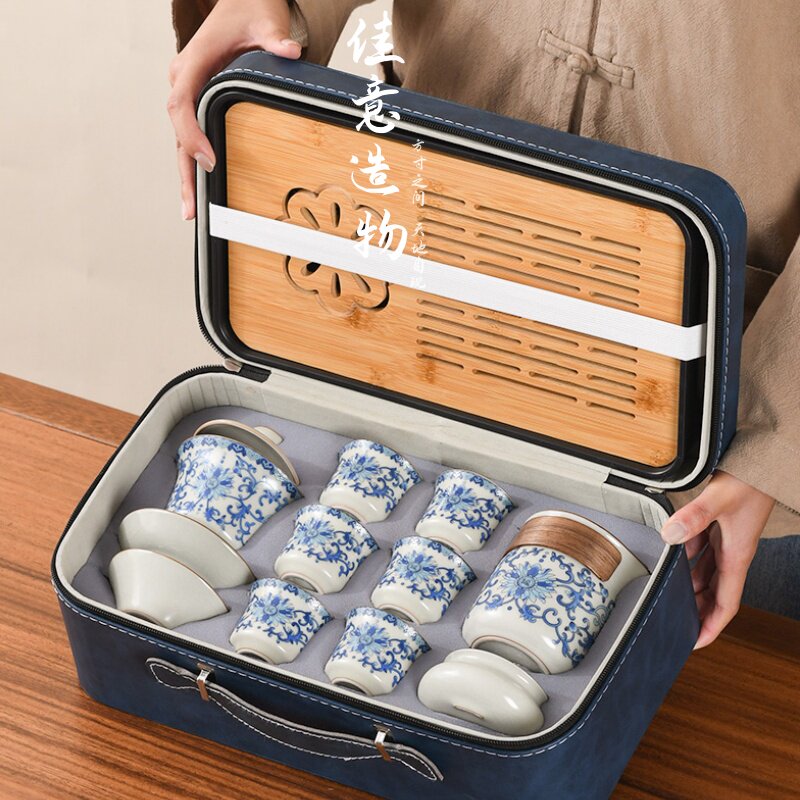 新款汝窑可携式旅行茶具收纳包户外露营功夫盖碗茶杯带茶盘套装