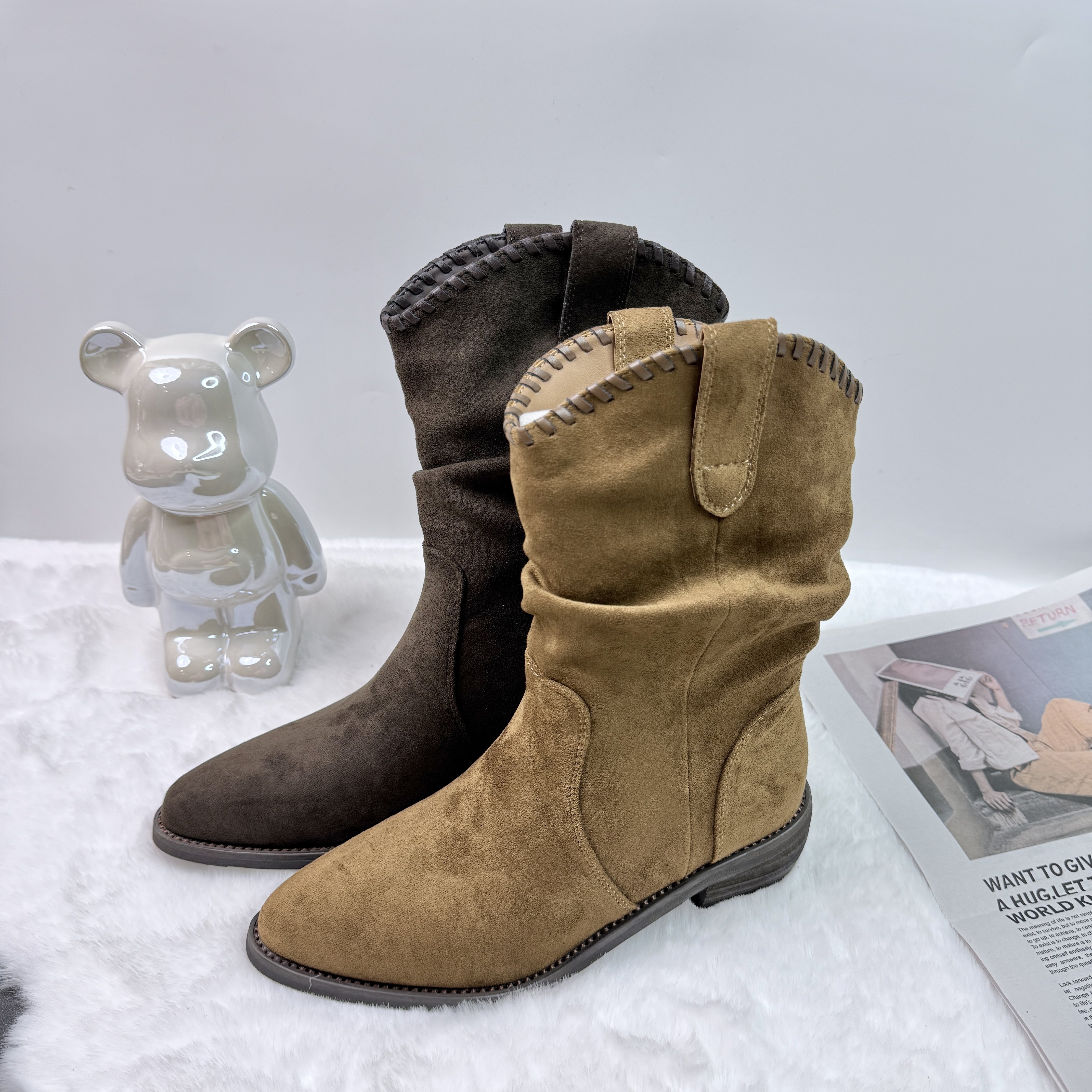 法式尖头绒面套筒牛仔靴女2025新款秋季西部复古粗跟中跟堆堆短靴,女鞋,骑士靴,淘宝优惠券,粉丝福利购,淘宝优惠卷