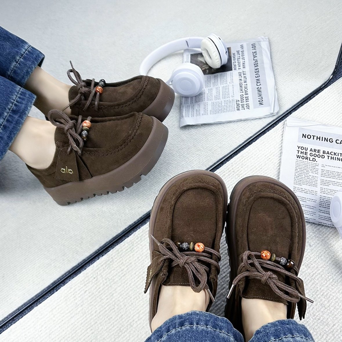 复古风厚底系带反绒皮乐福鞋女百搭休闲豆豆鞋棕色女鞋韩版青年,女鞋,乐福鞋（豆豆鞋）,淘宝优惠券,粉丝福利购,淘宝优惠卷