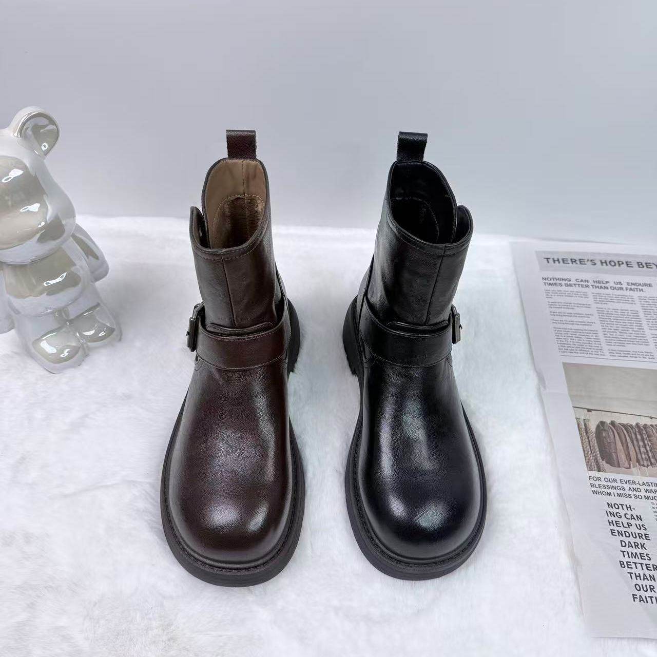 皮带扣机车靴软皮厚绒短靴低跟瘦瘦靴舒适女靴2025年冬季新款百搭,女鞋,马丁靴,淘宝优惠券,粉丝福利购,淘宝优惠卷