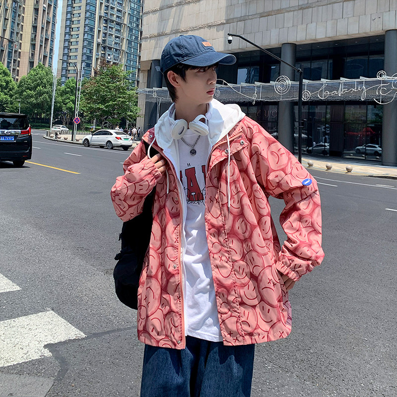 oversize男宽松笑脸印花连帽夹克