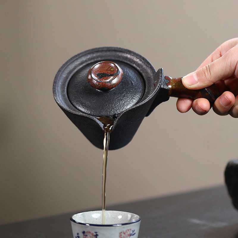 宜兴紫砂壶手工公道杯有柄分茶器还原柴烧粗陶手捏侧把泡茶壶