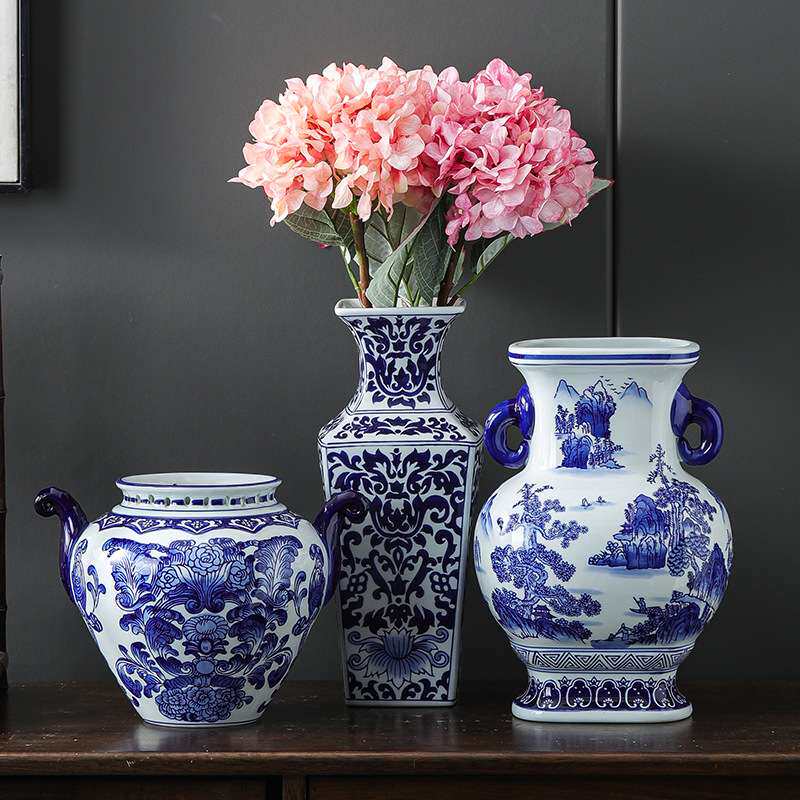 青花瓷陶瓷花瓶陶瓷器中式家居大号青花瓷瓶明清古典双耳山水花瓶