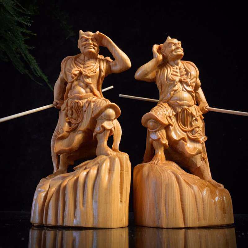 崖柏木雕千里眼顺风耳像摆件一对 哼哈二将左右护法家居工艺品