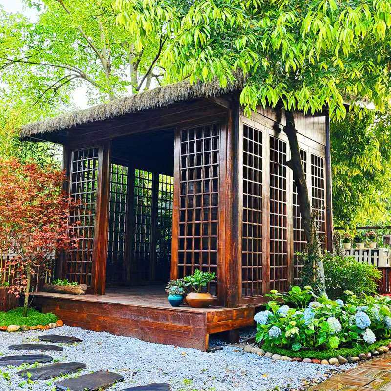 户外茅草屋仿古庭院木屋别墅民宿造景网红小木屋花园景观茅草茶室