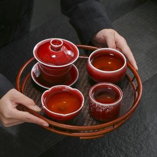 大号郎红釉异形盖碗茶杯家用红色陶瓷主人杯窑变禅定茶杯品茗杯