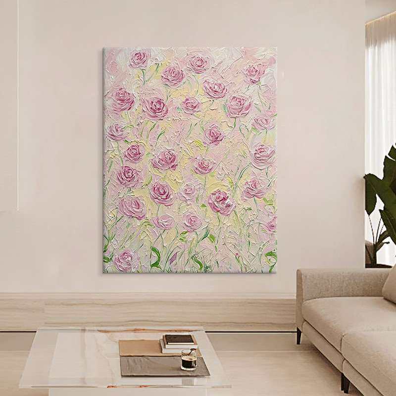 顺丰奶油风玫瑰花肌理感纯手绘油画粉色花海客厅装饰画玄关挂画清