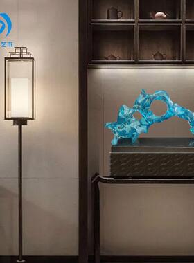 新中式家居装饰透明浅蓝色树脂雕塑摆件现代样板房酒店售楼处饰品