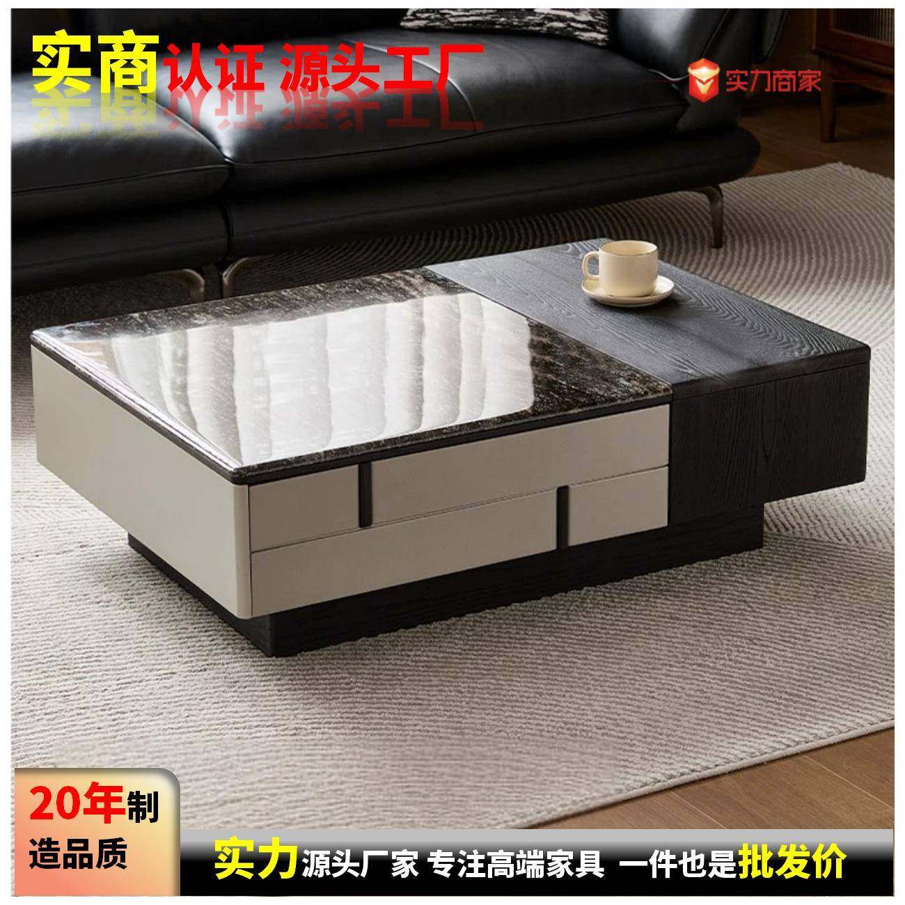 意式简约现代轻奢客厅加厚大理石面茶几餐桌收纳家具可伸缩茶几