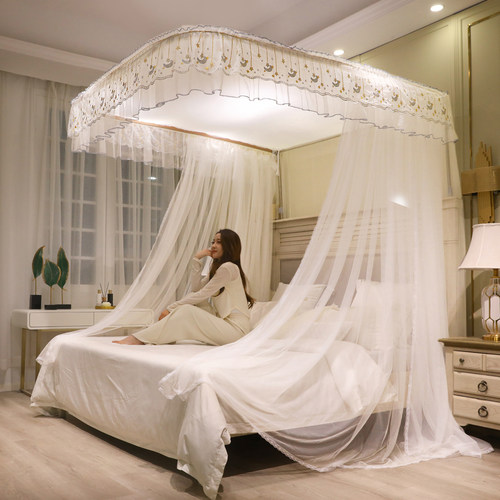 遮光防尘顶U型导轨蚊帐三开门公主风刺绣落地式高度升降轨道支架