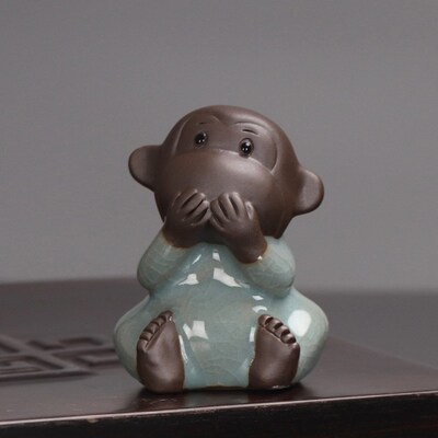 哥窑三不猴茶宠精品摆件陶瓷不说不听不看可养四不小猴子家居茶玩