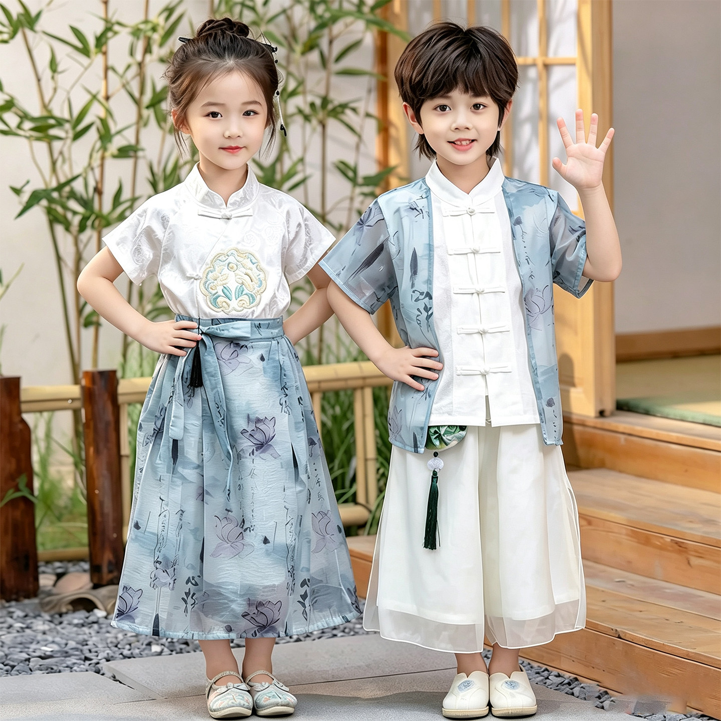 儿童国风演出服主持人合唱班服图片