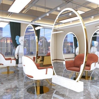 网红美发店镜子发廊专用带灯不锈钢理发镜子单双面落地式剪发镜台