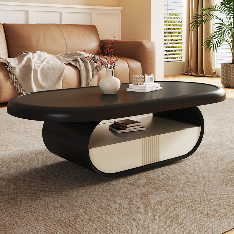 全友家居奶油风茶几客厅家用现代简约小户型椭圆形带储物黑白烤漆