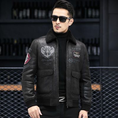 新皮毛一体男款外套加厚翻领羊剪绒男士飞行服机车夹克冬季皮草