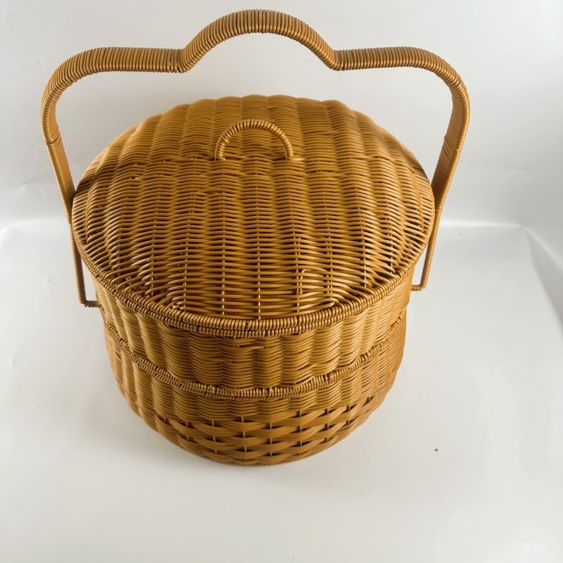 104仿藤手工提篮特大号编织加大购物篮双层圆形户外拜拜野餐40