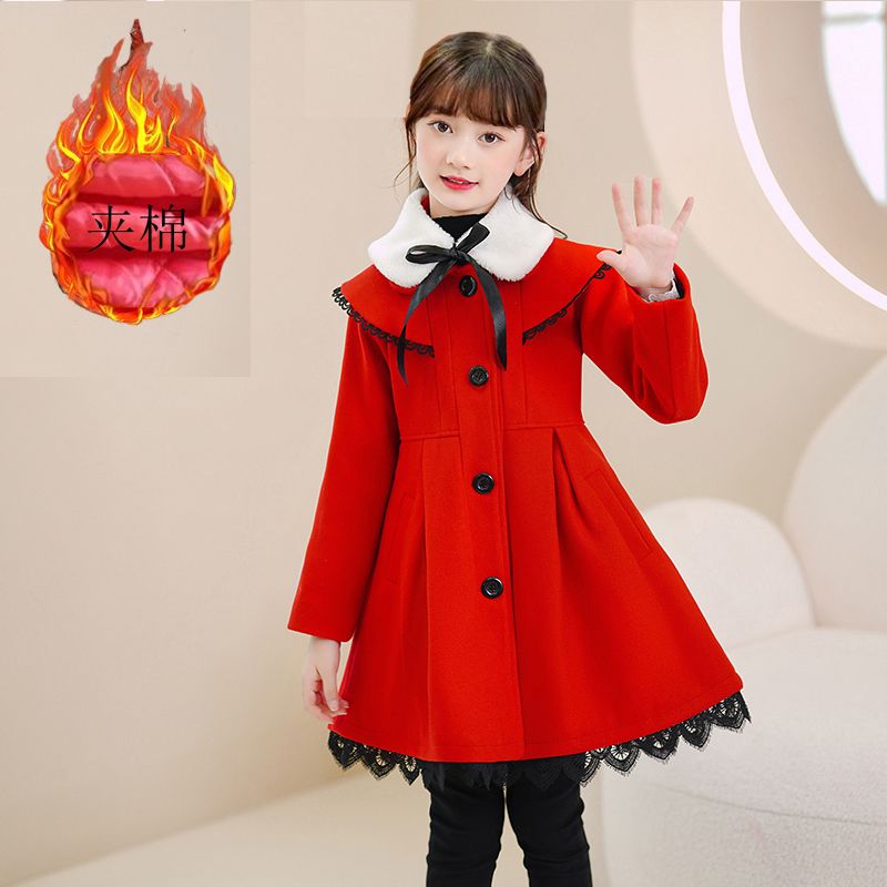 女童呢子大衣毛呢外套冬装新款小孩外套夹棉加厚洋气女童外套毛