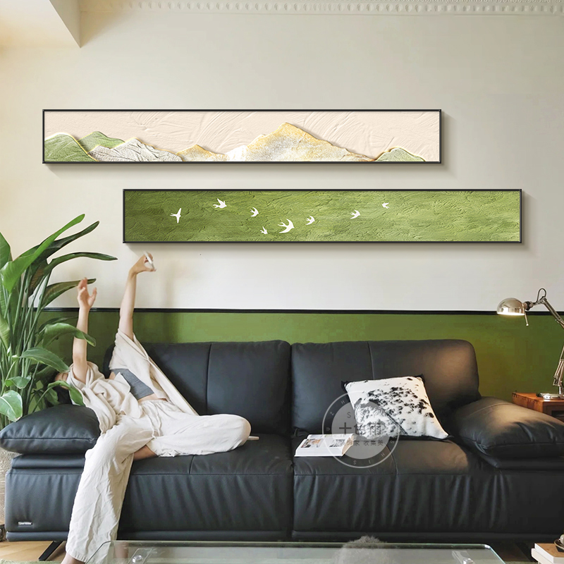 中古风绿色客厅装饰画窄长条沙发背景墙挂画法式高级卧室床头壁画