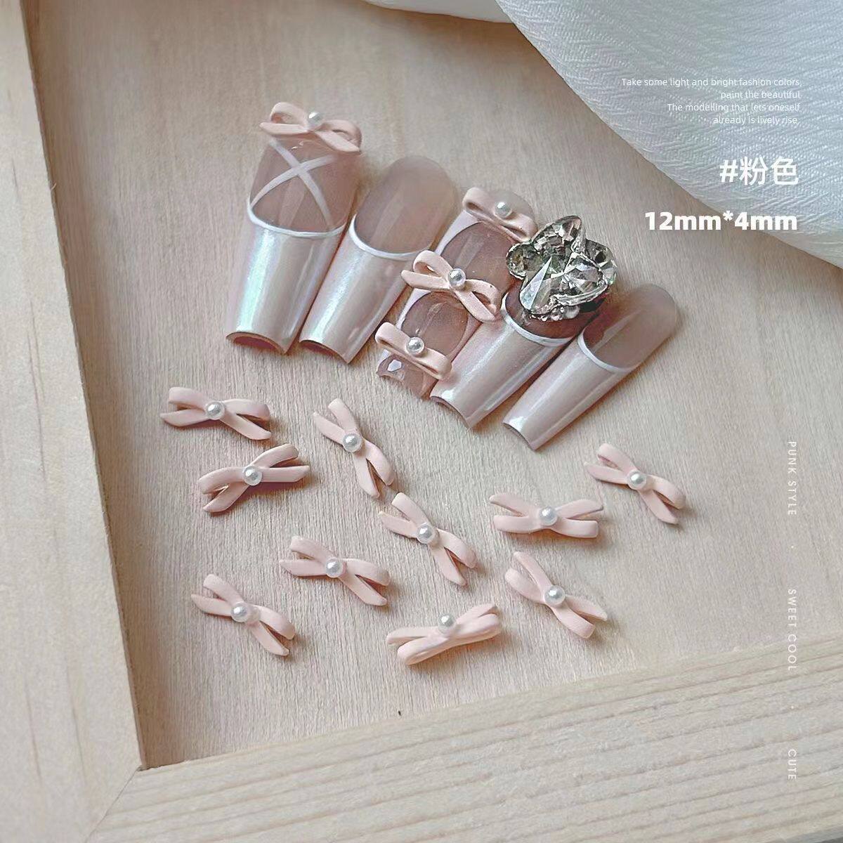 网红芭蕾舞鞋皮粉蝴蝶结美甲领结饰品法式丝绸飘带珍珠合金指甲