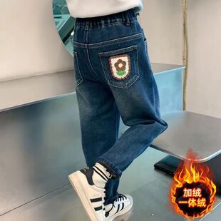 洋气中大童时髦一体绒弹力宽松老爹裤 女童加绒牛仔裤 2025秋冬新款